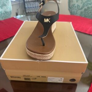 Michael Kors Black Leather MK Logo Espadrille Wedge Sandal